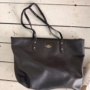Coach Black Leather Tote with Gold Accents